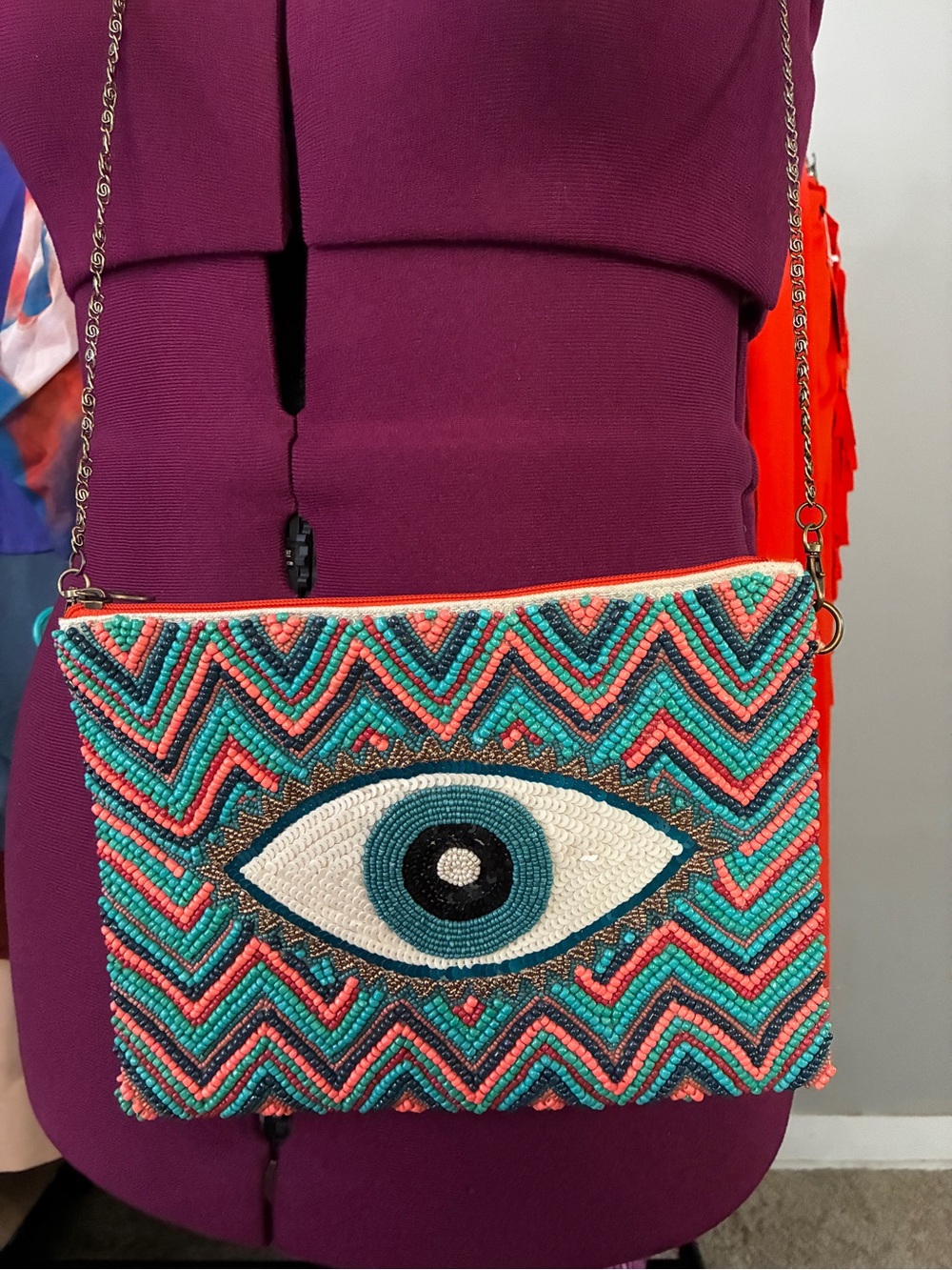 Beaded Eye Crossbody Bag - Teal & Coral